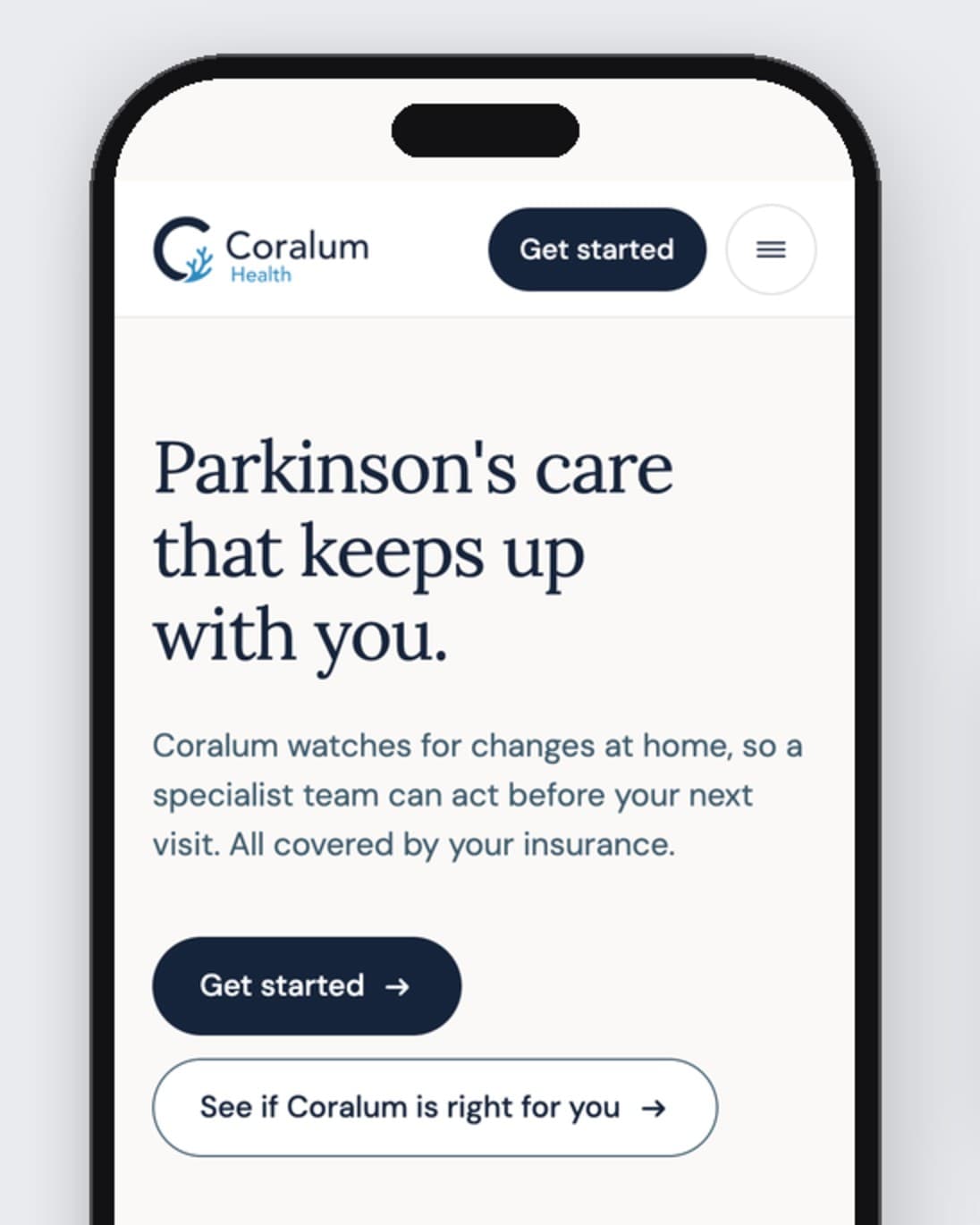 The Coralum Health landing page on a phone. Its headline reads: Parkinson's care that keeps up with you.