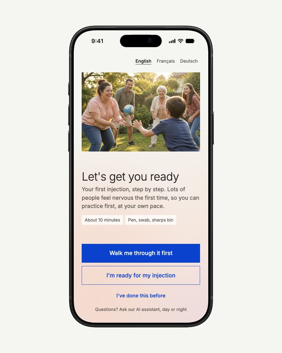 The welcome screen of the first-dose guide on a phone: a family playing catch in the garden above the headline Let's get you ready, and the choice to walk through it first.