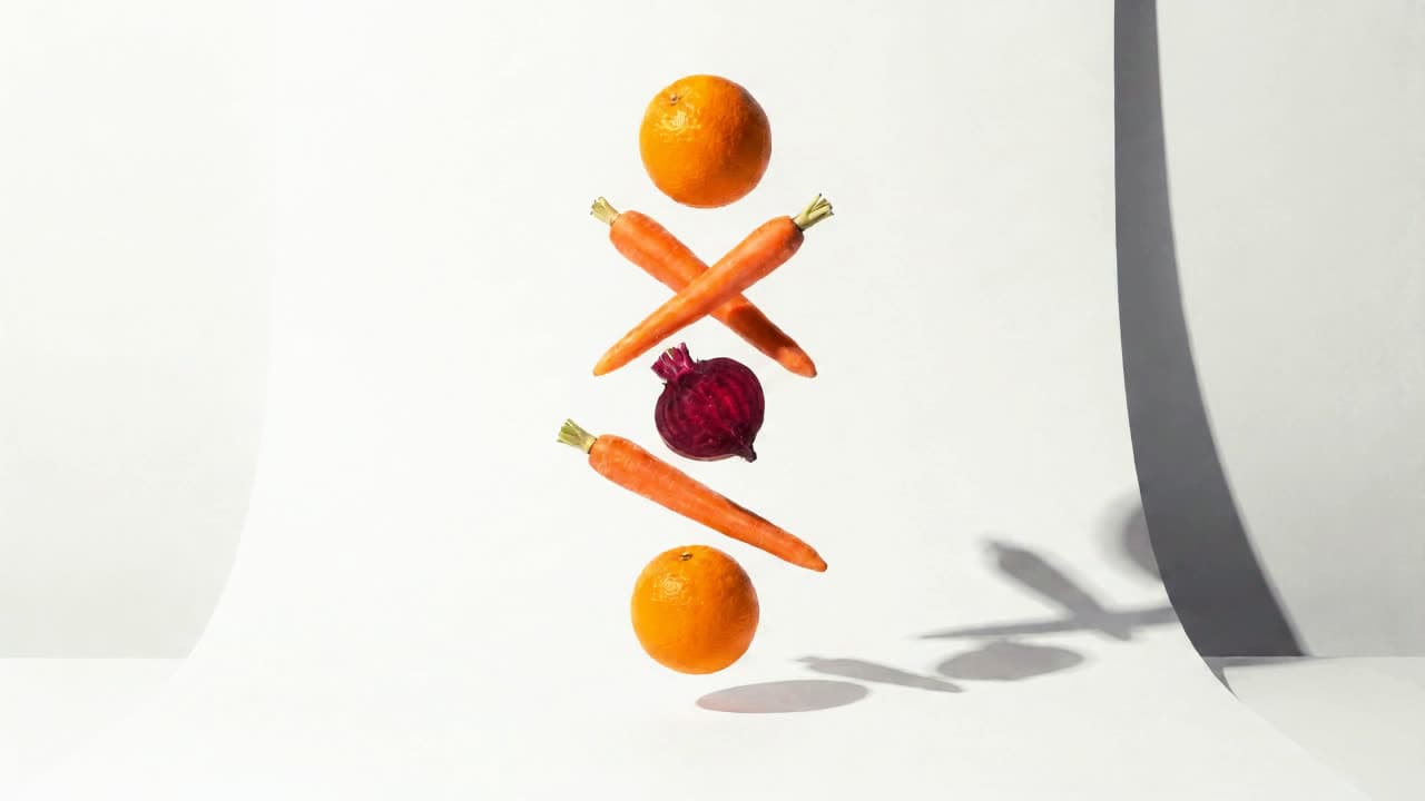 The Hella Pressed film: an orange, carrots and a beet fall onto a white set, a steel press comes down on them, and the juice pours into a bottle.