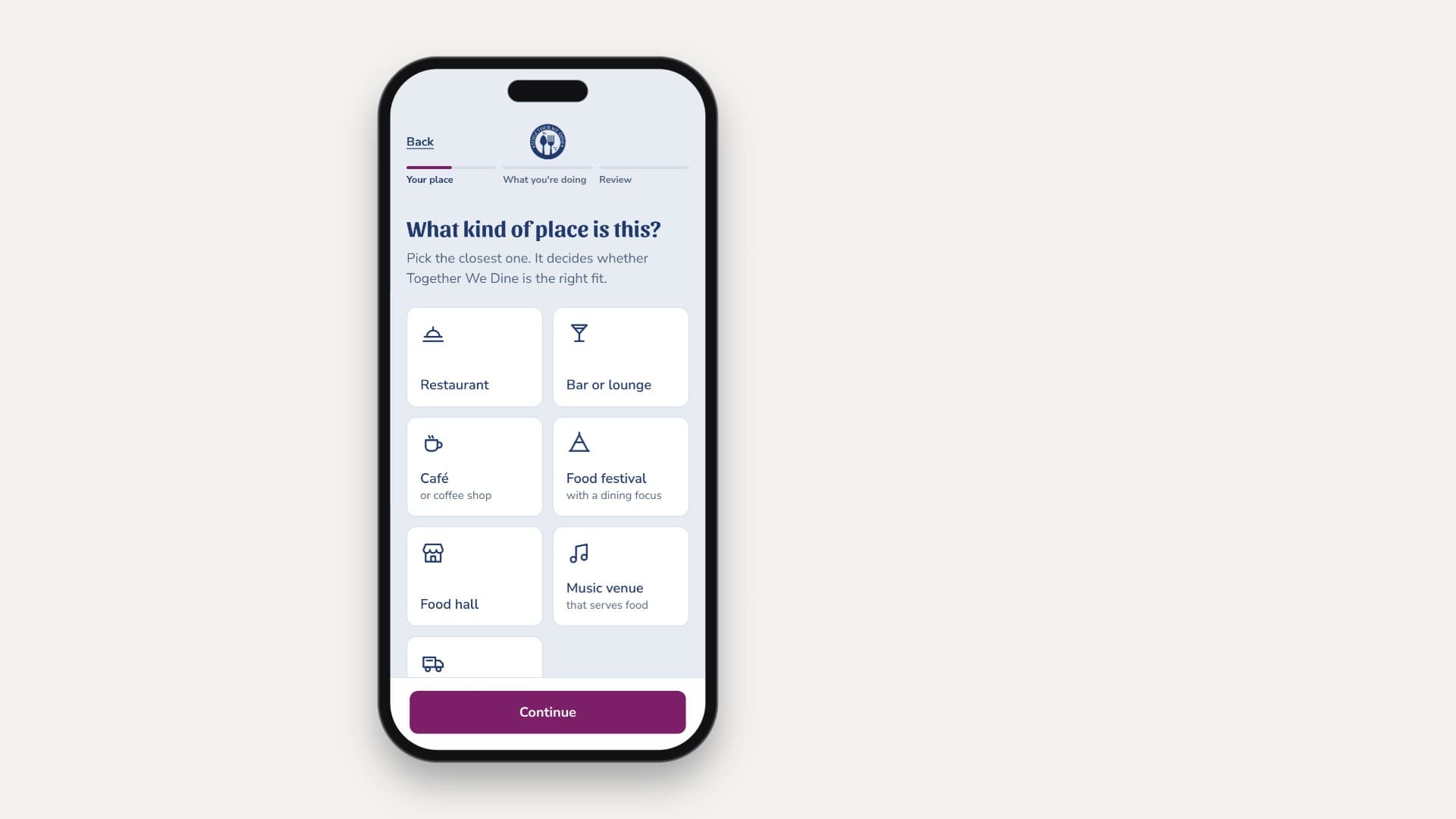 The new form, step by step: the Restaurant tile, the day chips with Tuesday on, the venue and listing cards, Send to RAMW, and Got it. Thank you. Each piece lifts out beside the phone as it happens.